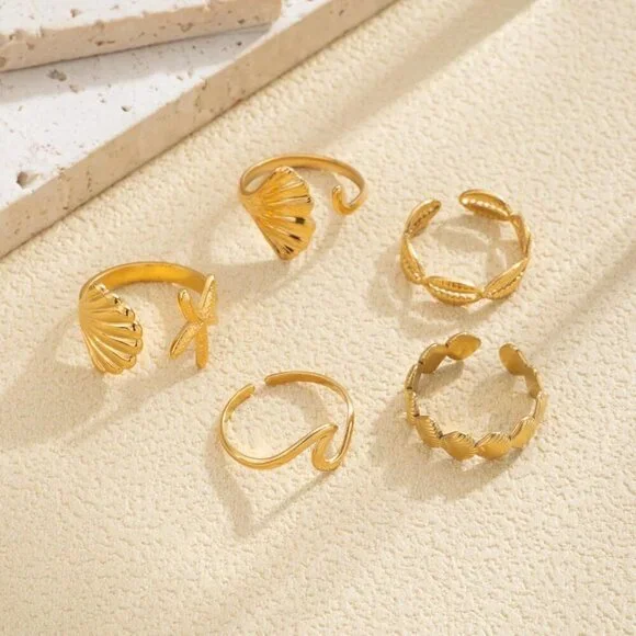 5PCS Gold Seashell Rings Women Beach Summer Jewelry Surfer Wave Gift - Picture 3 of 4